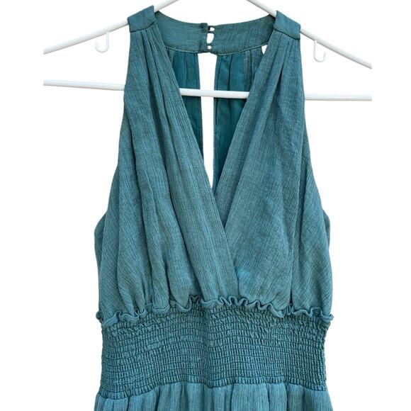 Anthropologie Green Halter Style Bionda Plisse Wide Leg Jumpsuit Pockets XSP - Picture 3 of 9